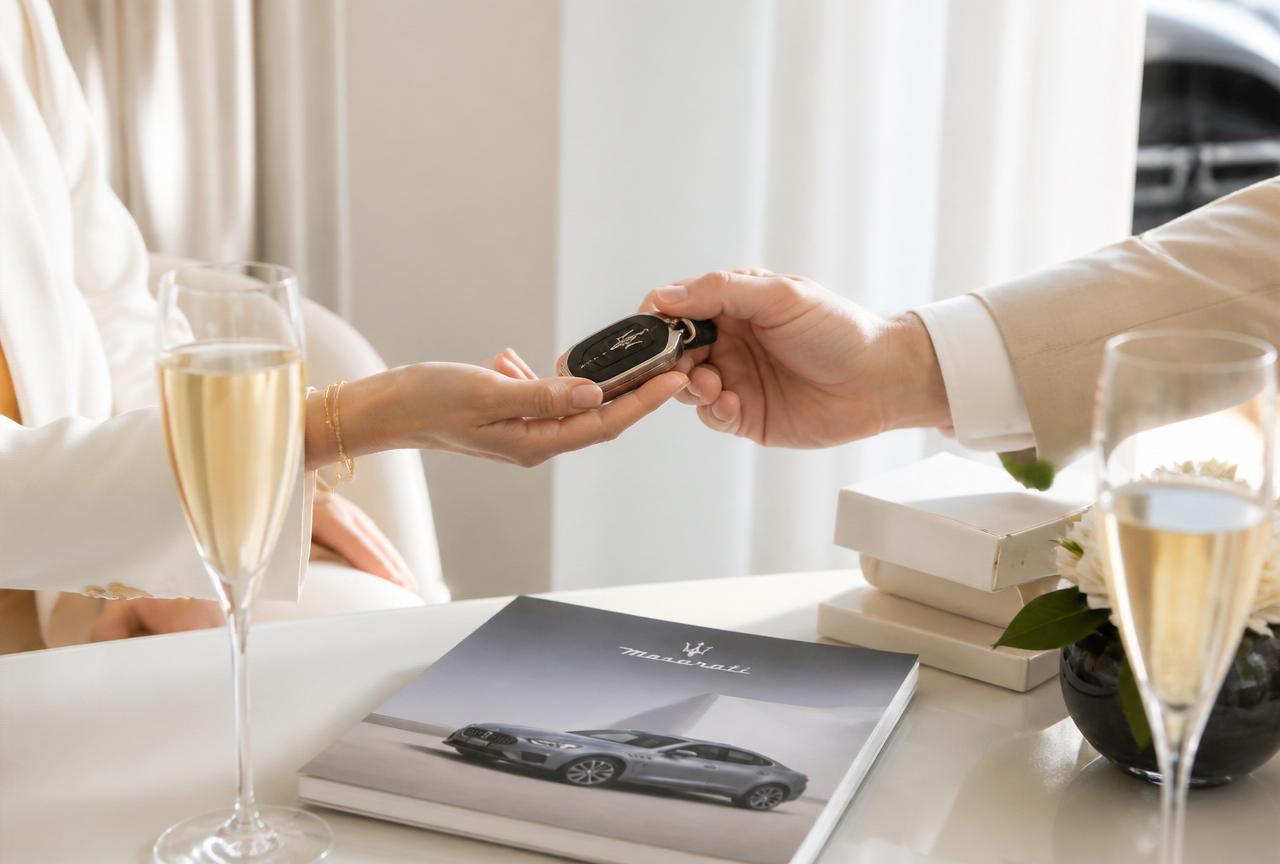 Car keys being handed over with champagne